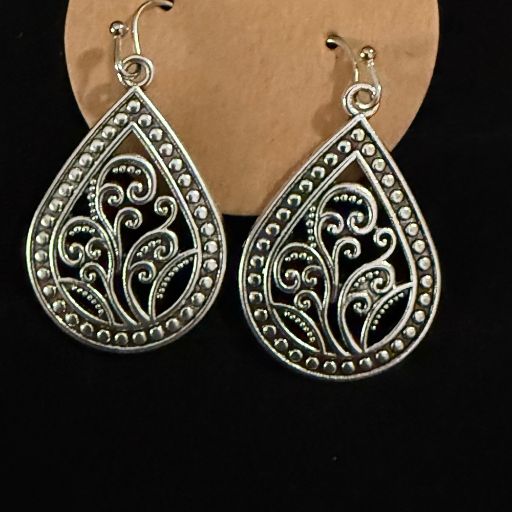 Silver Tone Filigree Teardrop Dangle Earrings Boho